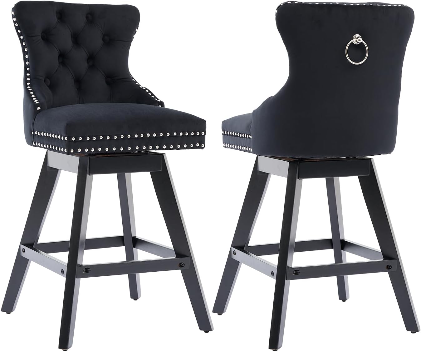Black Bar Stools Set of 2, Modern Swivel Velvet Counter Height Barstools, Upholstered Kitchen Island Chairs with Button Tufted Back, Rivet Trim, Solid Wood Legs, 26' H Seat, Black