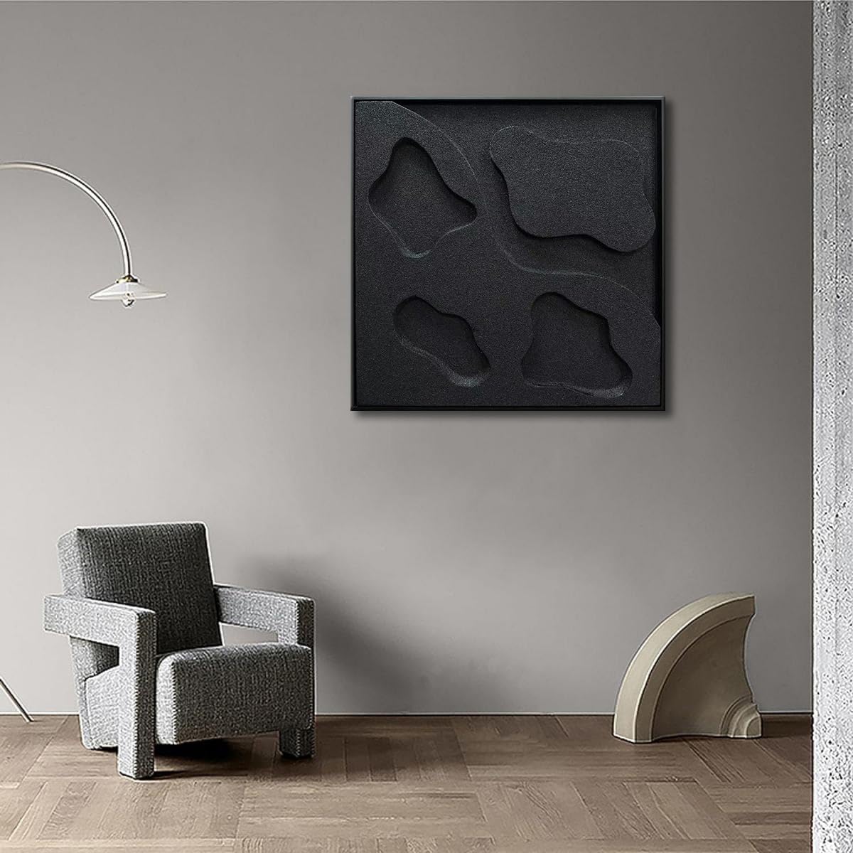 Slyart Black Textured Wall Art, Handmade Abstract 3D Minimalist Plaster Paintings, Wabi-Sabi Wall Art 24x24 Inch