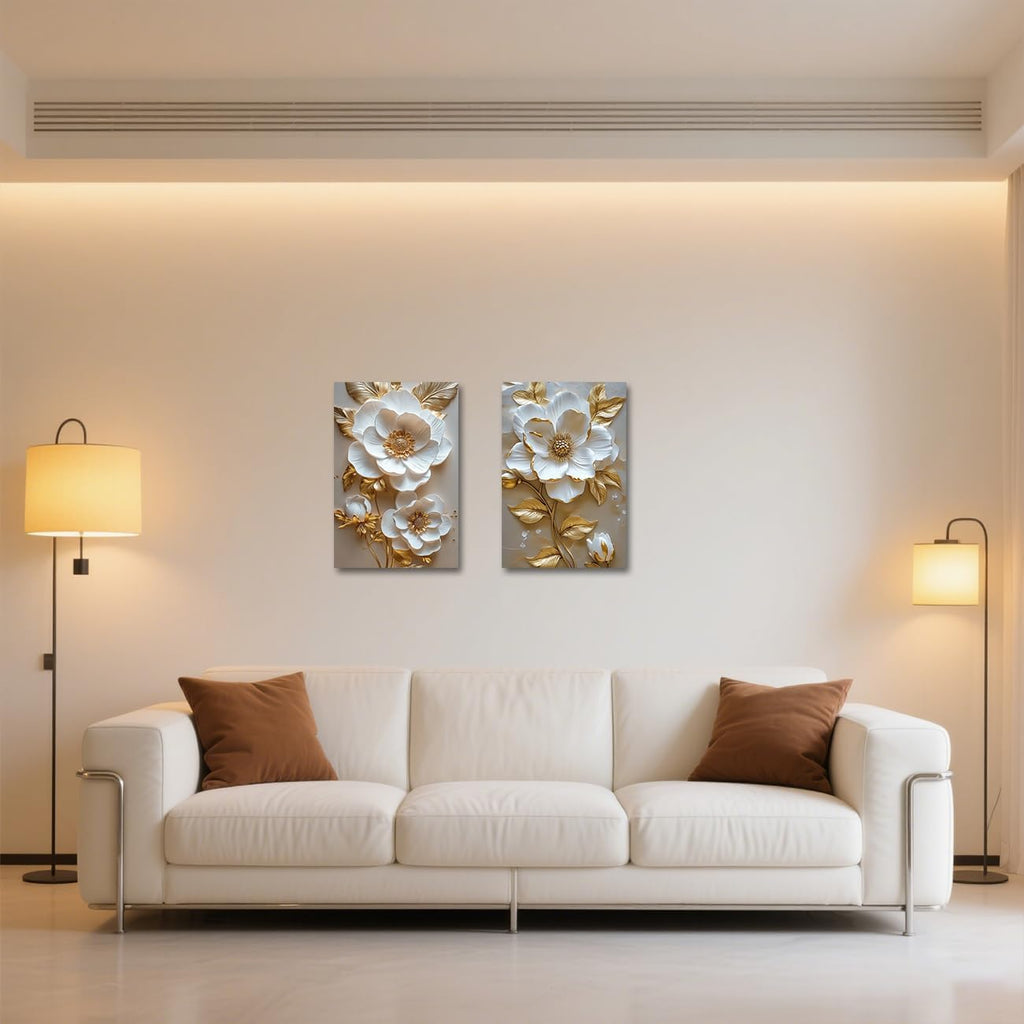 LZIMU White and Gold Flower Canvas Wall Art Elegant Golden Floral Leaves Painting Prints Abstract Floral Pictures Wall Decor for Living Room Framed (24x36inchx2 Pieces)