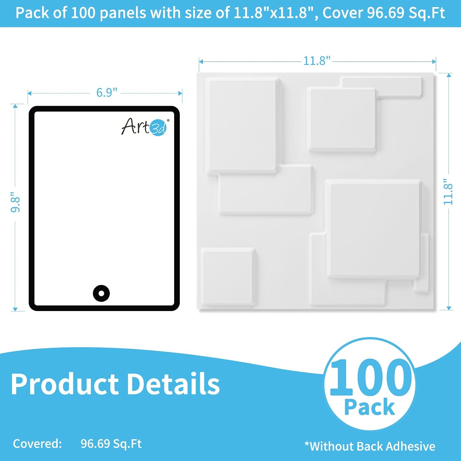 Art3d 100 Pack Decorative 3D Wall Panels, 97 Sq.Feet PVC Interior Wall Décor, 11.8'x11.8', White