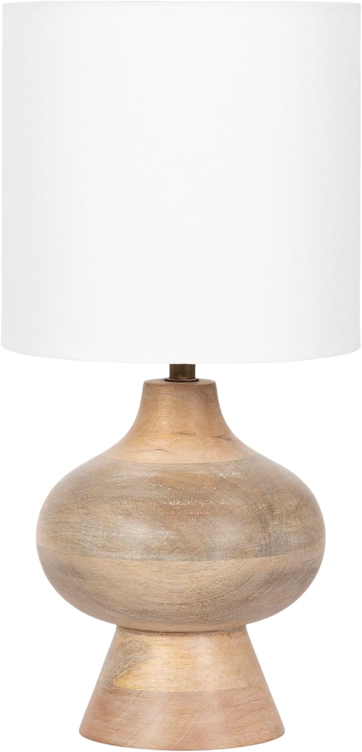 Kate and Laurel Bahira Modern Wood Bedside Table Lamp, 8 x 8 x 17, Light Natural, Sculptural Decorative Mango Wood Tabletop Desk Lamp with Linen Shade for Living Room Decor