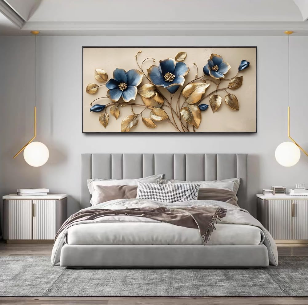 Solid wood Framed blue 3D Flowers Wall Art for Bedroom Home Decor Artwork for Wall Blue Abstract Background Golden leaf Wall Decor Canvas Print Office Living Room Decor Ready to Hang 29x48inch
