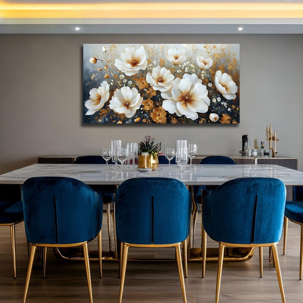 RUIFENGL Flower Canvas Wall Art White and Gold Floral Pictures Canvas Prints Wall Art for Living Room Bedroom Bathroom Home Office Decoration Painting Artwork 29'x58' Xlarge