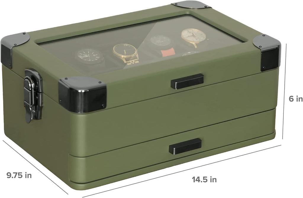 CASE ELEGANCE Military 10 Slot Watch Box Case Organizer for Men, Real Glass Top, Modular Valet Tray, Apple Watch Compatible with Apple Watch Stand, Accessory Drawer, Watch Pillow Stands