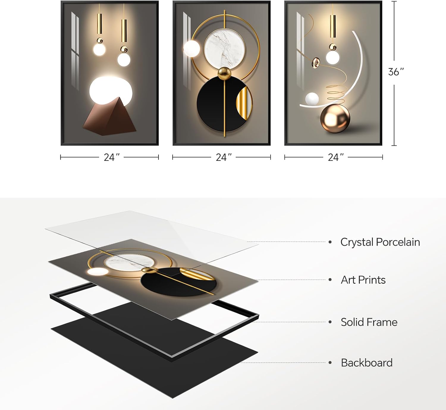 Framed Large Modern Abstract Wall Art for Living Room, Set of 3 Piece Black and White Gold Luxury Artworks, Geometric Painting Print for Dining Room Entryway Hallway Home Office Wall Decor, 24x36 In