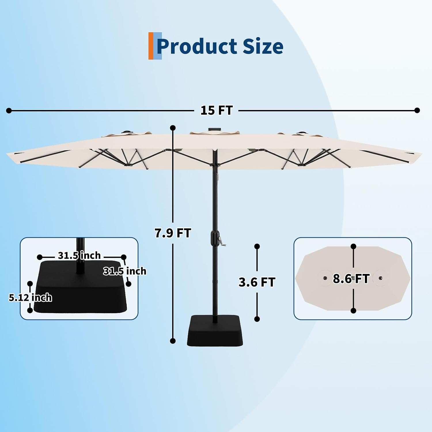 Garvee 15 ft Rectangular Patio Umbrella with Base Included - Large Patio Umbrella with Crank Handle, UV Protection for Outdoor Market, Backyard, Pool - Beige
