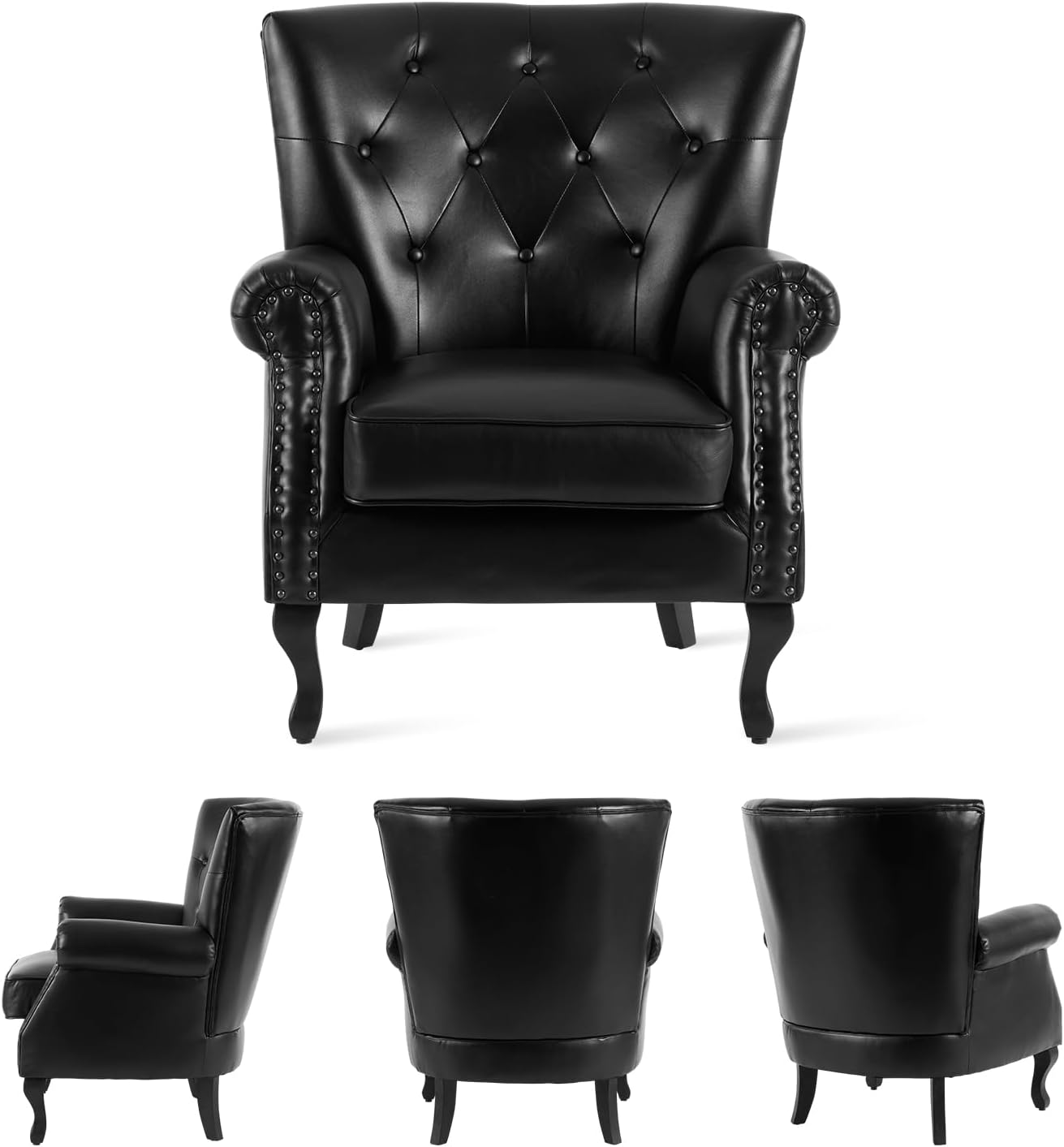 MOJAY PU Leather Accent Chair Set of 2, Modern Armchair Living Room Chair, Upholstered Club Chair with Rivet Trim, Mid-Century Sofa Chair with Sturdy Wood Legs for Bedroom (Black)