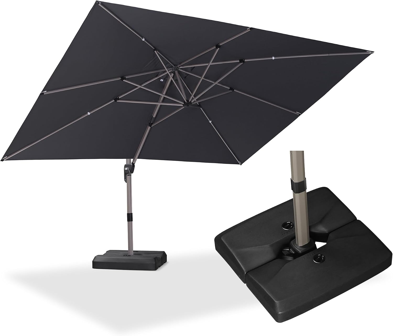 PURPLE LEAF 9' x 11' Patio Umbrella with Base Cantilever Umbrella Rectangular Outdoor Offset Umbrella with Champagne Frame and 360° Rotation for Garden Deck Pool, Black