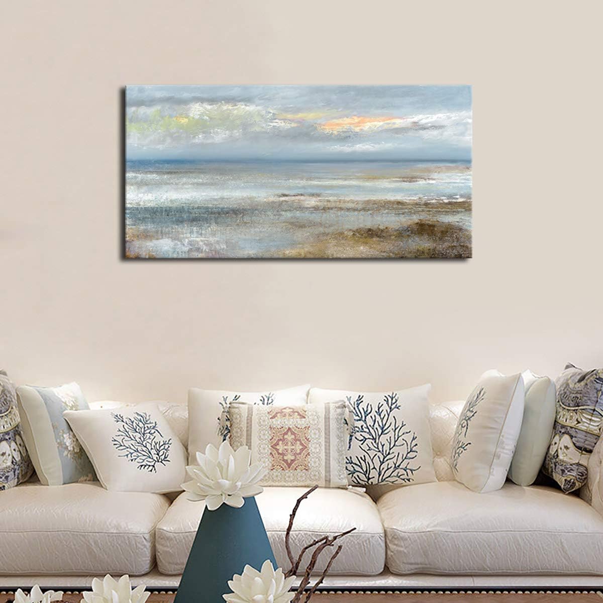 Abstract Wall Art Large Canvas Pictures Modern Blue Ocean Artwork on Canvas Prints Wall Decoration for Living Room Bedroom Bathroom Kitchen Office Home Wall Decor Framed Ready to Hang 29' x 58'
