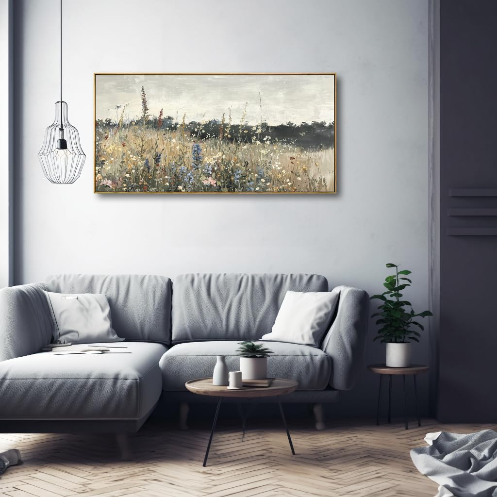 Solid wood Framed Canvas Wall Art Vintage Decor, Classical Oil Painting Canvas Prints Champ fleuri Vintage 20'X40'Wall Art for Home Room Bathroom Decor