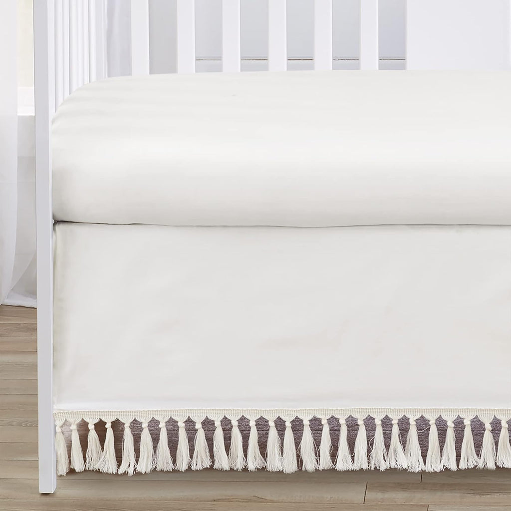 Sweet Jojo Designs Ivory Boho Chic Boy Girl Baby Crib Bedding Set Infant Nursery Room Solid Color Beige Cream Gender Neutral Bohemian Modern Farmhouse Designer Unisex Tassel Fringe Macrame Cotton