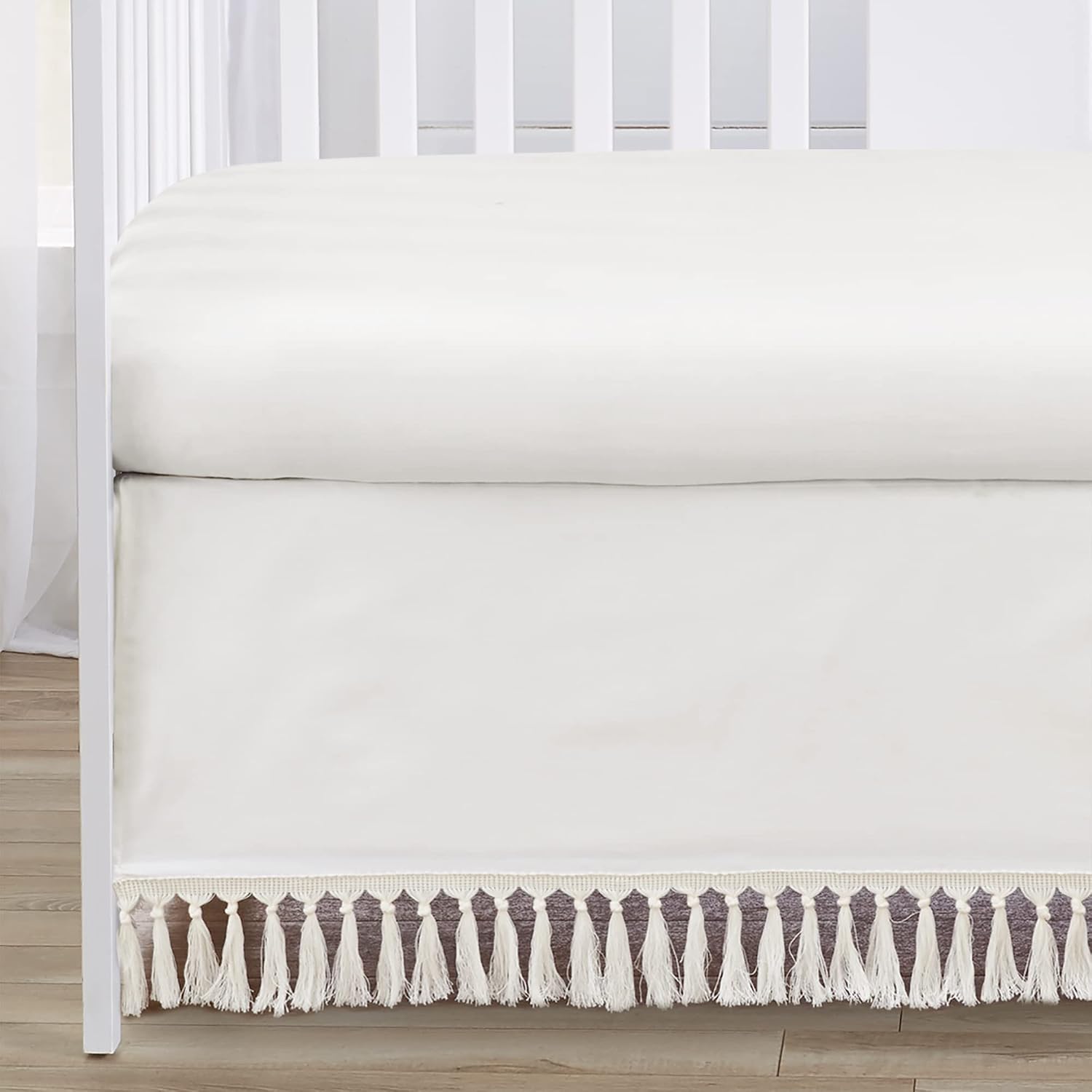 Sweet Jojo Designs Ivory Boho Chic Boy Girl Baby Crib Bedding Set Infant Nursery Room Solid Color Beige Cream Gender Neutral Bohemian Modern Farmhouse Designer Unisex Tassel Fringe Macrame Cotton