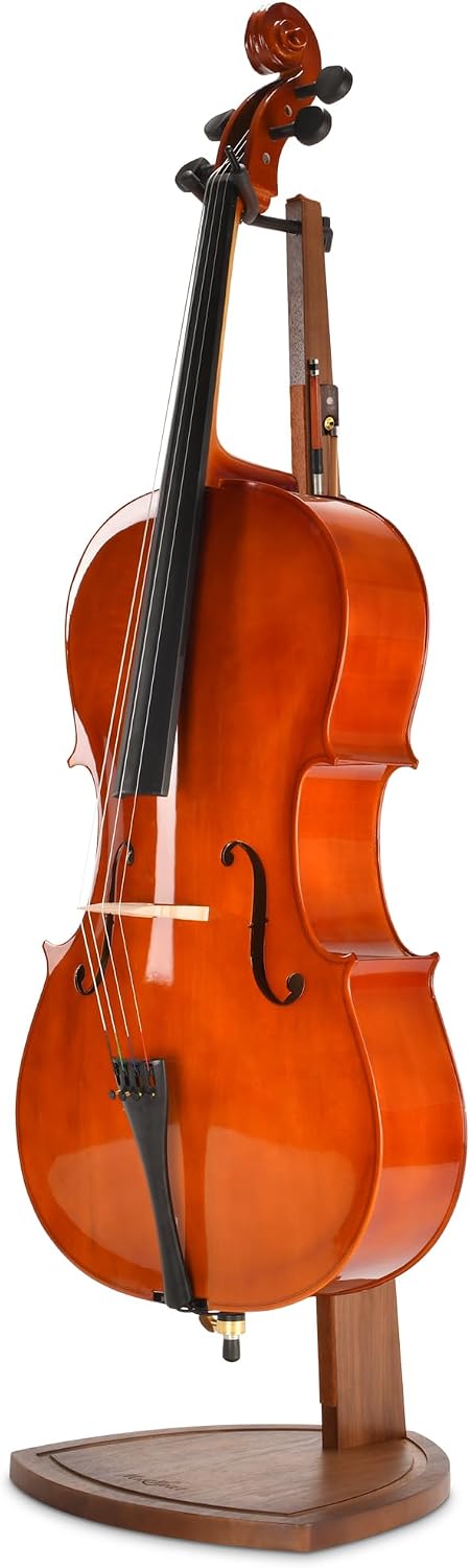 Cello Stand with Bow Holder, Handcrafted Walnut Wood Floor Stand for 4/4 Full-Size and 1/2, 1/4, 3/4, 1/8, 7/8, Cello Holder Rack for Home and Studio Display