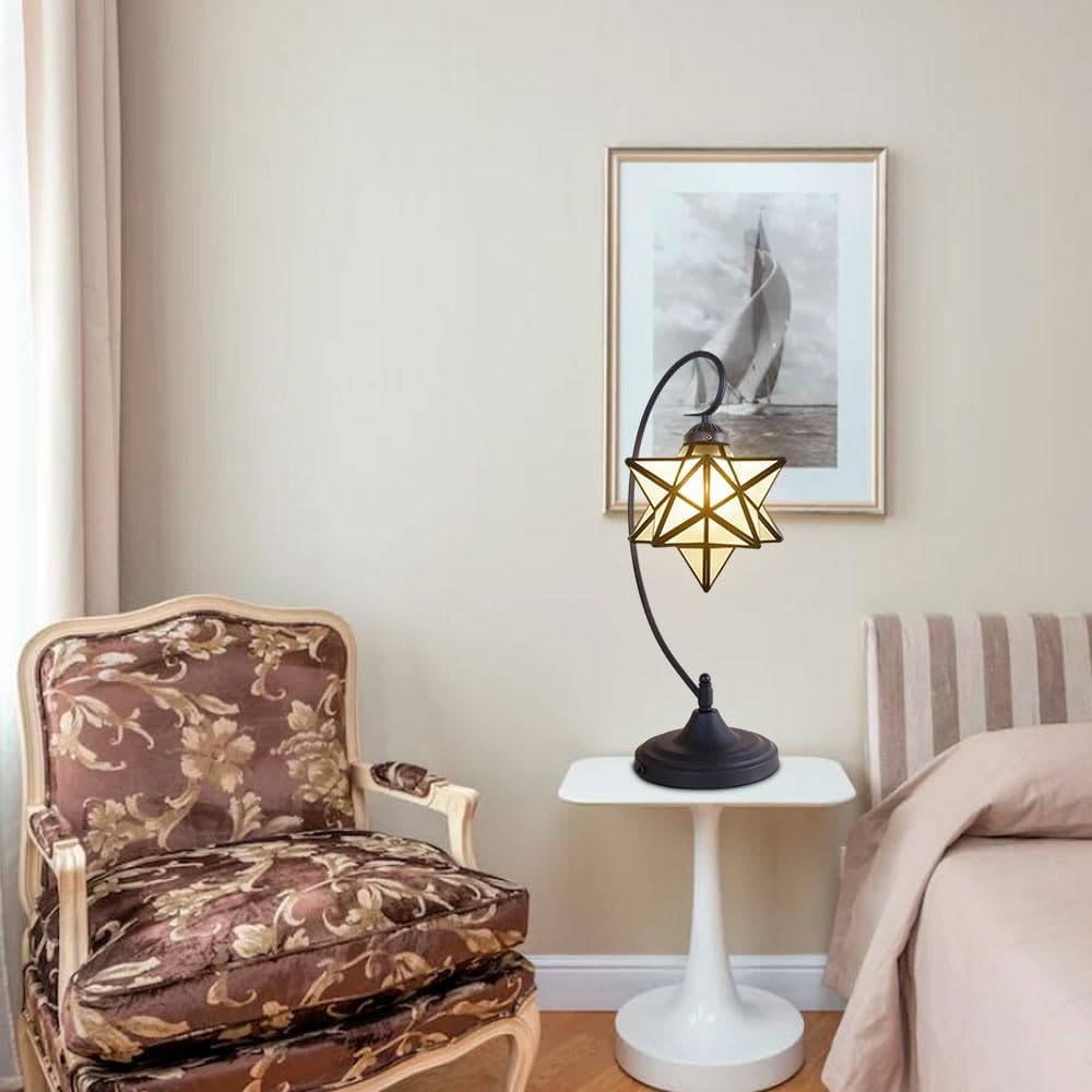 Glass Table Lamp Creative Star Table Light Modern Indoor Desk Light with Plug Bedroom Living Room Hotel Office Table Lamp Bedside Lights Black Metal Base