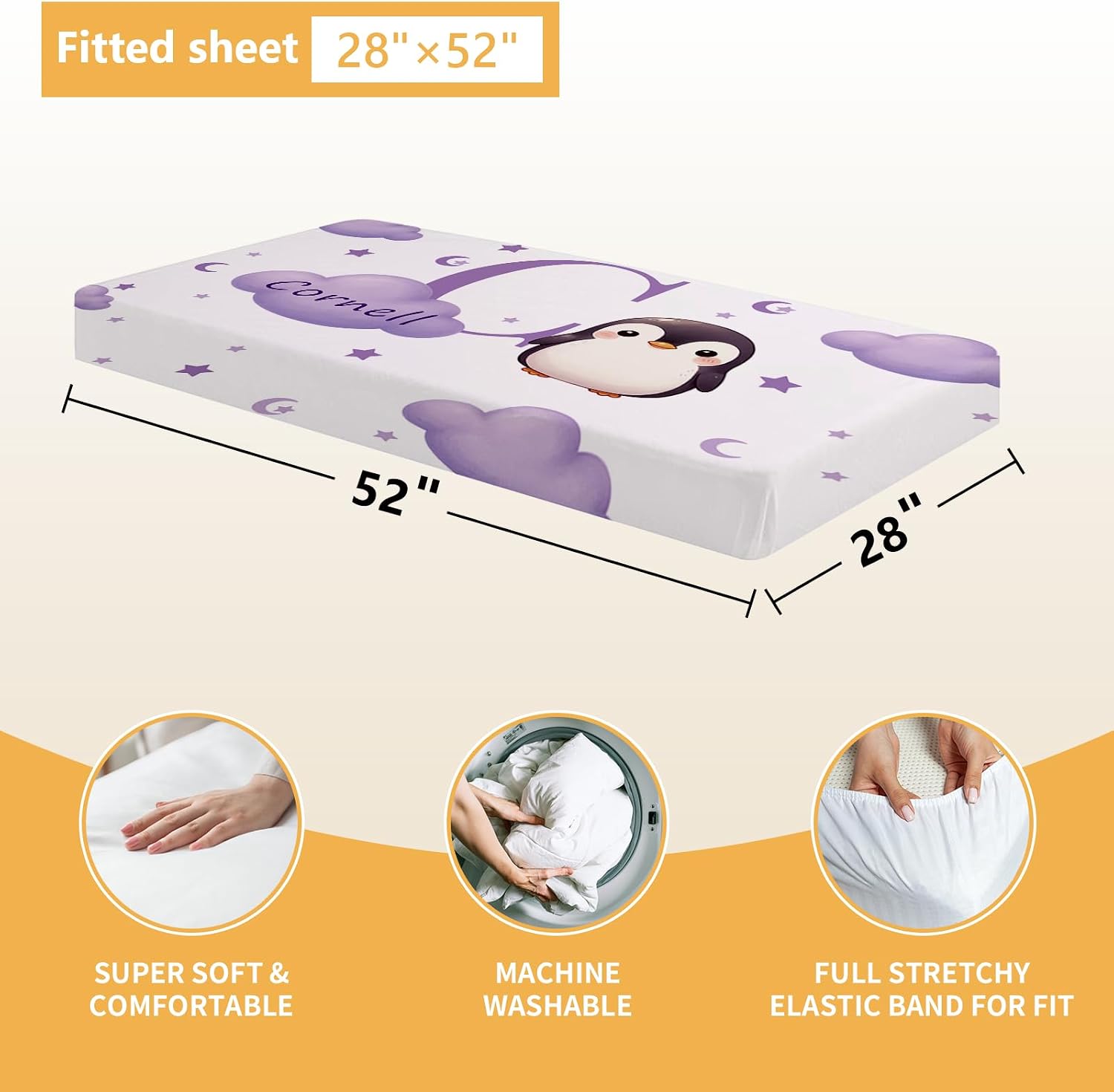 Terwex Custom Baby Bedding Set, 5 Pcs Personalized Baby Crib Sets with Name, Toddler Bedding Set for Baby Girl Boy, Purple Penguin Double Layer Nursery Bedding Set, Customized Gift for Infant Newborn