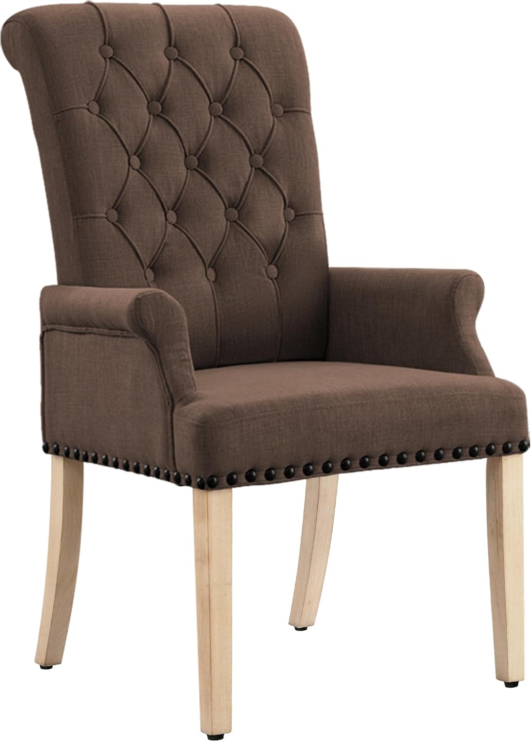 LOULENS Fabric Dining Chairs, Modern Upholstered Tufted Dining Room Chairs with Arms and Solid Wood Legs for Home, Kitchen Living Room, Brown