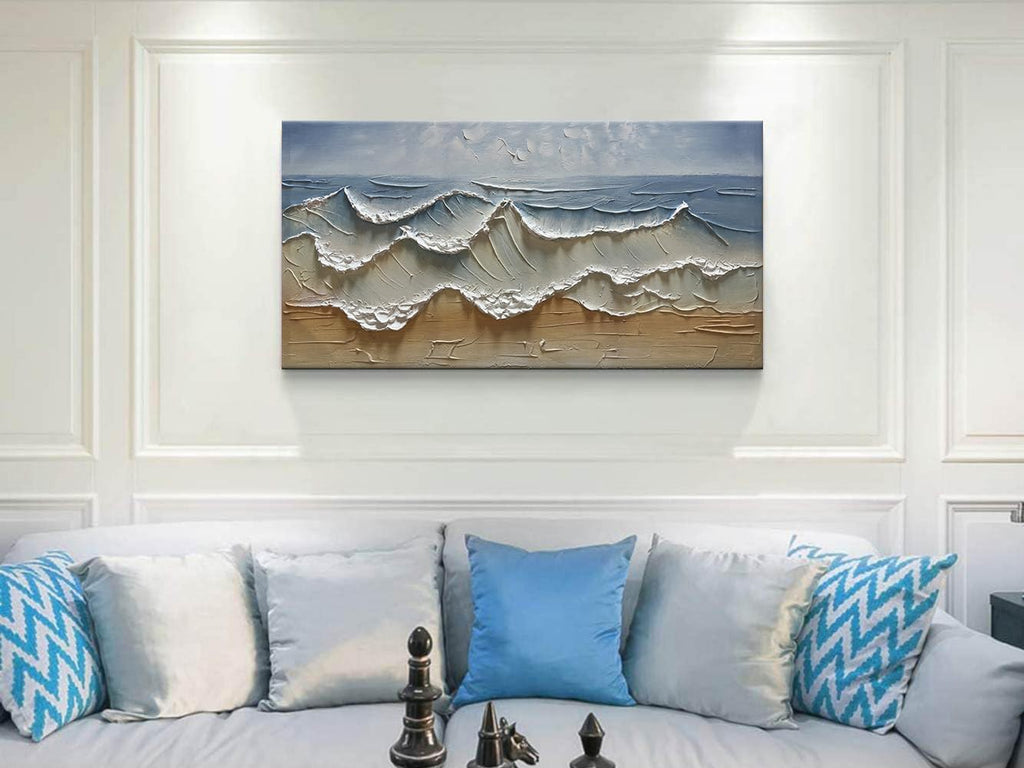 Slyart Abstract Blue Ocean Wave Wall Art, Textured Oil Painting on Canvas Relief Wall Art, 24' x 48' Abstract Modern Sea Artwork Wall, Neutral Wall Decor