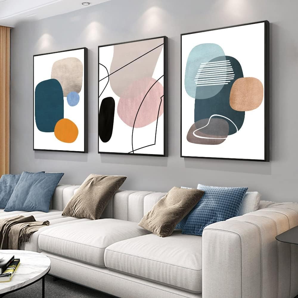 MPLONG Aesthetic Wall Art Large size 24' x 32' x 3 Panels Of Framed Decorative Paintings Abstract Simple Orange White Blue And Other Color Blocks Wall Art Canvas Prints Nature Home Decor