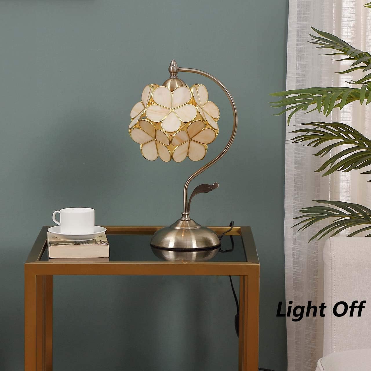 Bieye L10754 Tiffany Style Stained Glass Flower Petal Table Lamp with Brass Base for Home Décor (Cream, 8' Cherry Blossom)