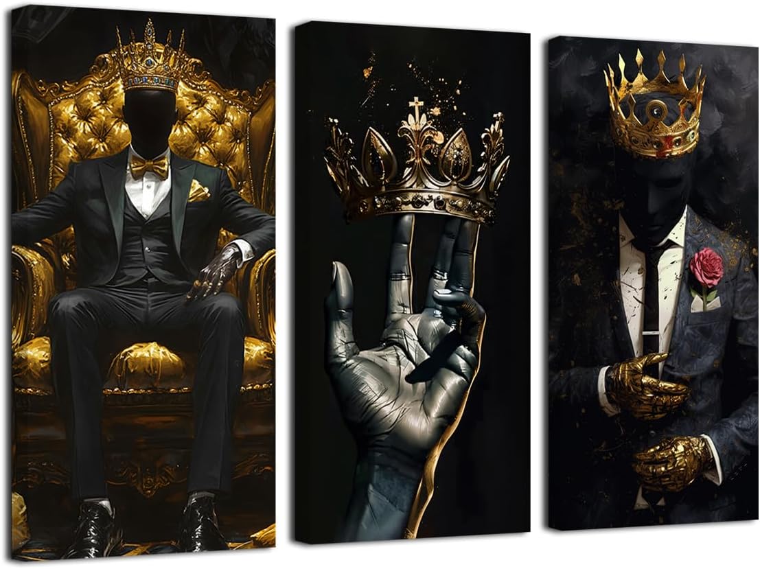 SWQYLB Black Man Canvas Wall Art 3 Pieces African American Pictures Afro King Poster Prints Gold Crown Painting for Men Bedroom Office Decor Framed (Black, 40x20inchx3 Pieces)