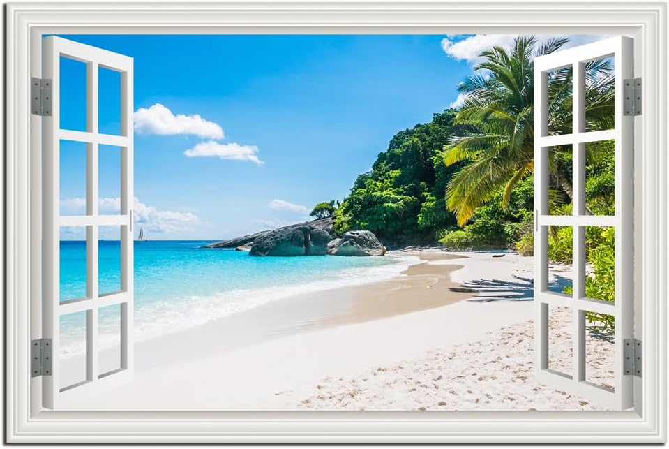 Beach Wall Art Pictures Decor for Living Room Fake White Window Frame Style Blue Ocean Canvas Wall Painting Theme for Bedroom Extra Large Tropical Palm Tree Art Pirnts Coastal Seascape Artwork for Home Office Basement Decorations32x48inch