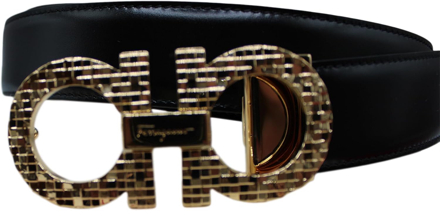 Salvatore Ferragamo Gancini Logo Engraved Reversible Gold Buckle Belt