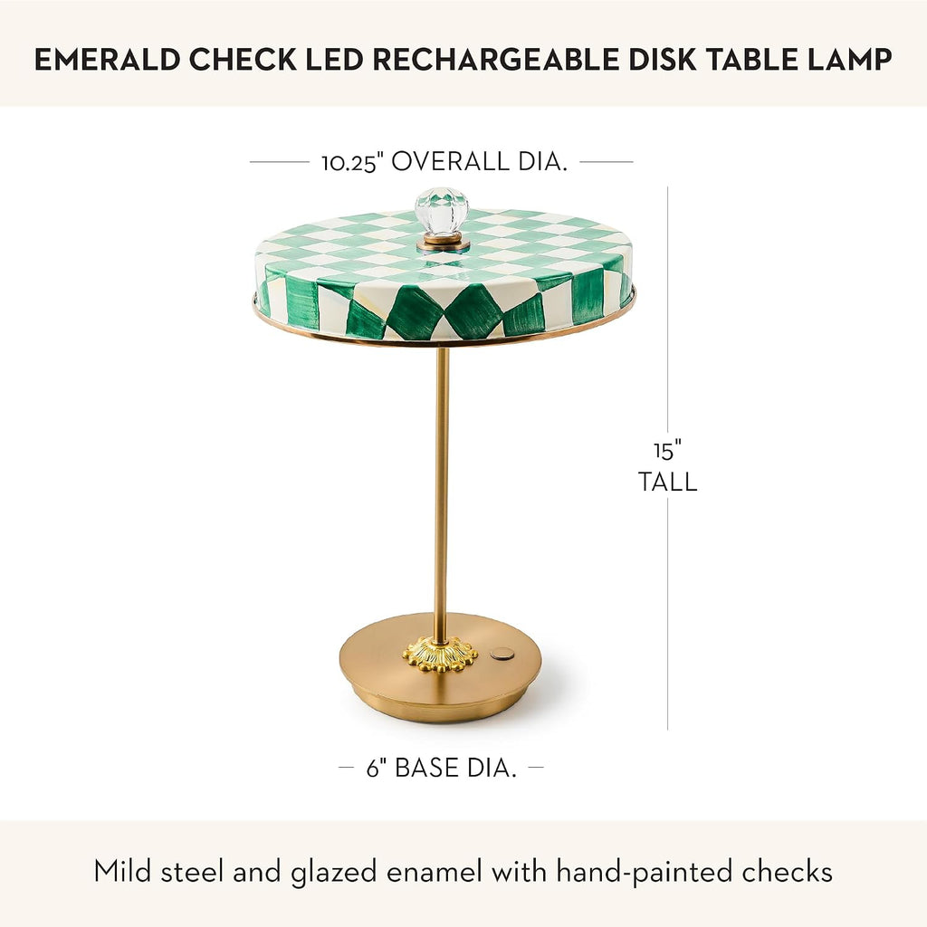 MACKENZIE-CHILDS LED Rechargeable Disk Table Lamp, Cordless Touch Lamp, Green-and-White Emerald Check