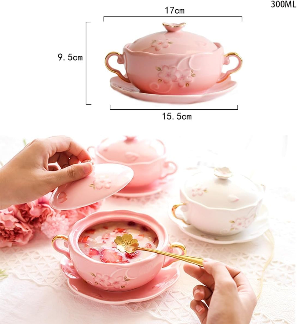 Ceramic Two Ear Soup Bowl Set with Lid and Spoon, Lovely Cherry Blossom Pattern Dessert Cereal Bowl, Fruit Yogurt Bowl with Plate,Dishwasher and Microwave Safe Plate