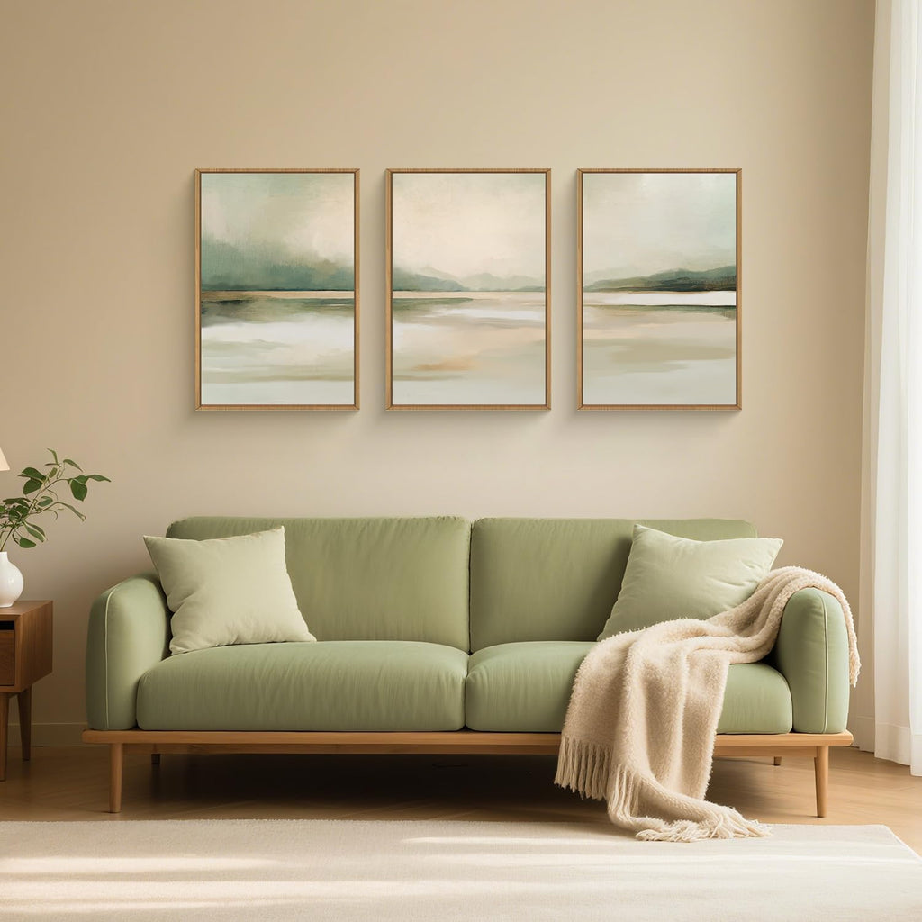 Large Abstract Sage Green Pastel Framed Canvas Wall Art Set,Minimalist Neutral Landscape Wall Decor,Modern Watercolor Mountain Lake Artwork for Living Room,Bedroom-24 x36 x3