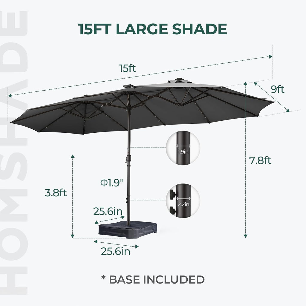 HOMSHADE Double Sided Patio Umbrellas - 15ft Solar Lights LED Lighted Outdoor Extra Large Market Table Umbrella with Base Included, Oversized Umbrella for Deck, Pool, Backyard