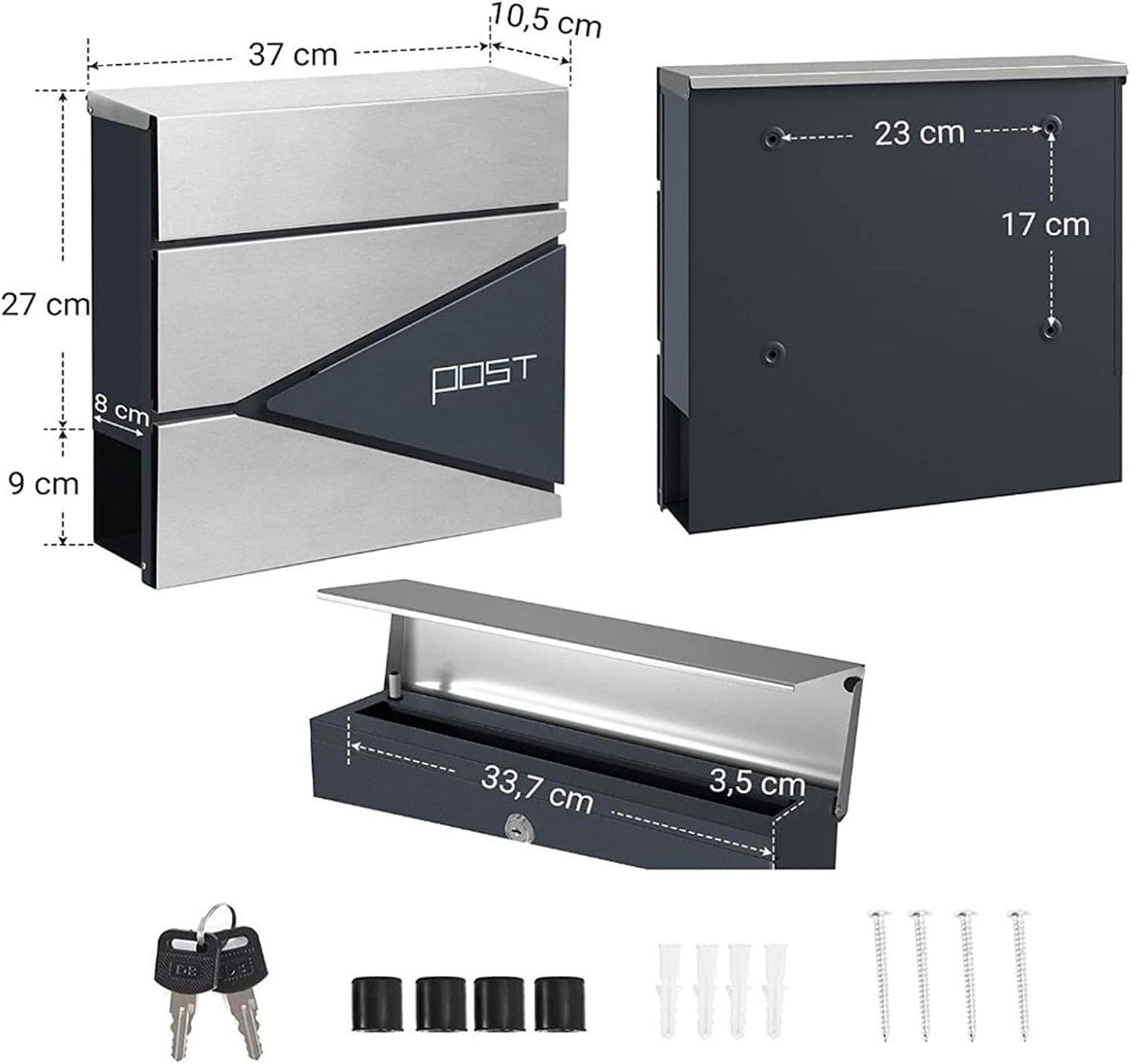 Wall-Mount Mailbox, Brushed Stainless Steel Panel, Rust Resistant Large Capacity House Mailbox, Modern Drop Mailboxes for Outside, Metal Post Box(H)