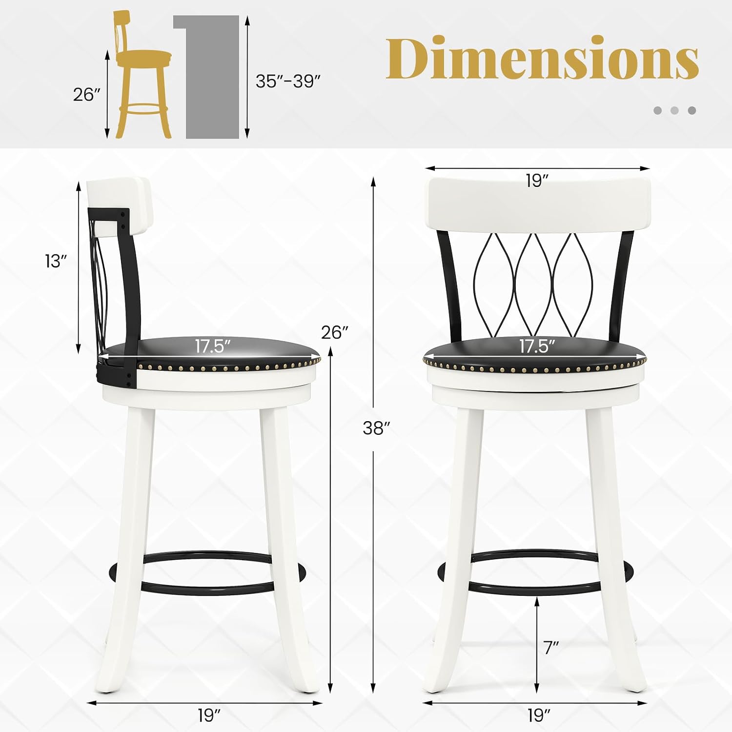 Giantex 26' Bar Stools Set of 4, Swivel Counter Height Bar Chairs with Footrest, Rubber Wood Frame & Tufted Rivets, Upholstered Modern PVC Leather Barstools for Kitchen Island & Pub