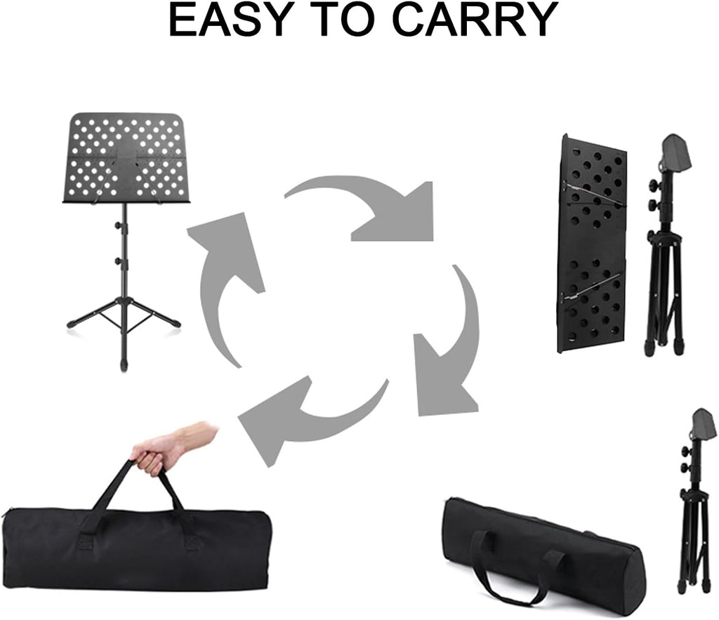 Music Holder, Portable Sheet Music Stand with Carrying Bag, Height Adjustable, Sturdy, with Pages, Foldable Tripod, for Guitar, Piano, Drums, Violin Player, Easy to Install