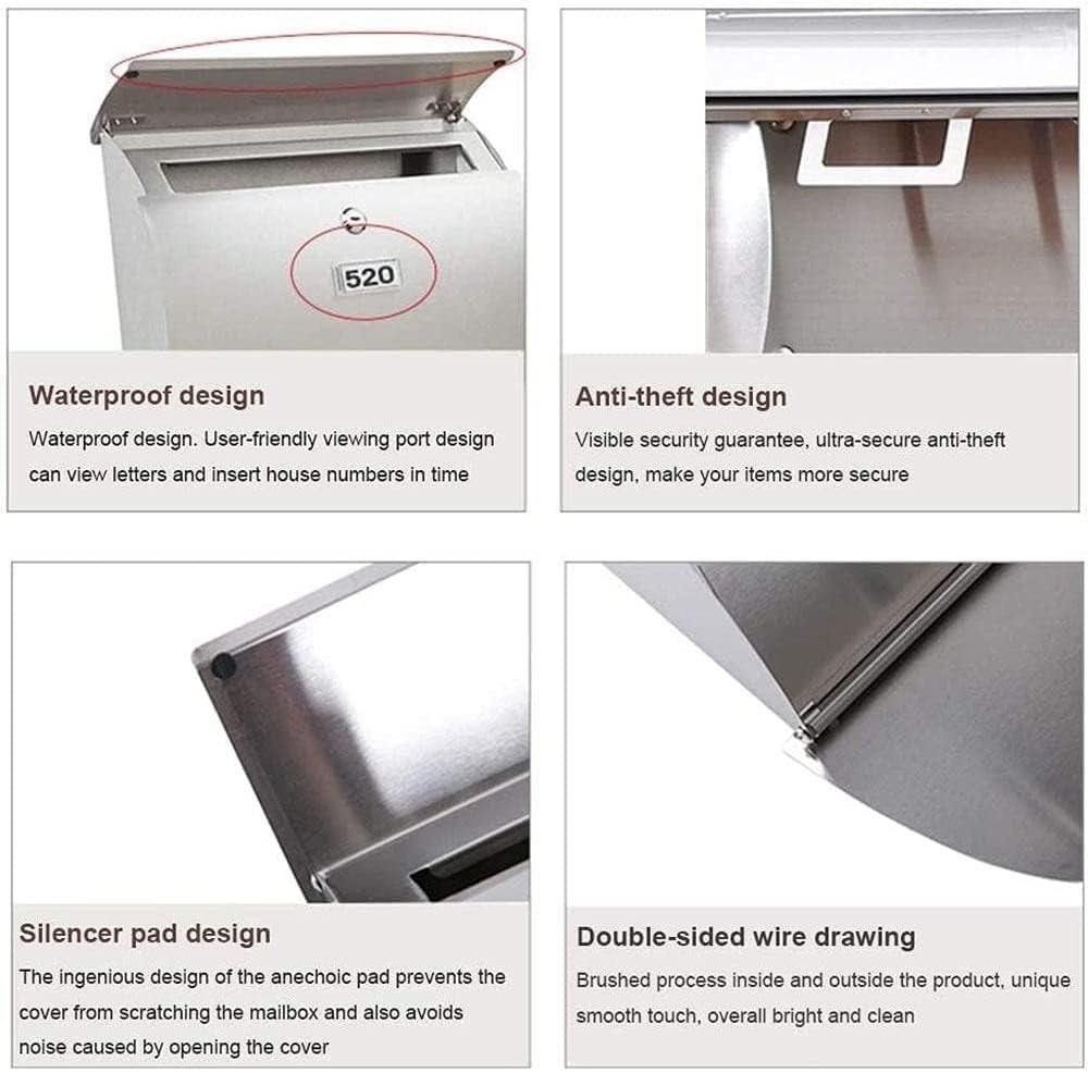 Generic Wall Mounted Steel Mail Box Lockable Stainless Steel Mailbox Outdoor Secure Post Box Letterbox Waterproof Mail Box with Key Lock Silver