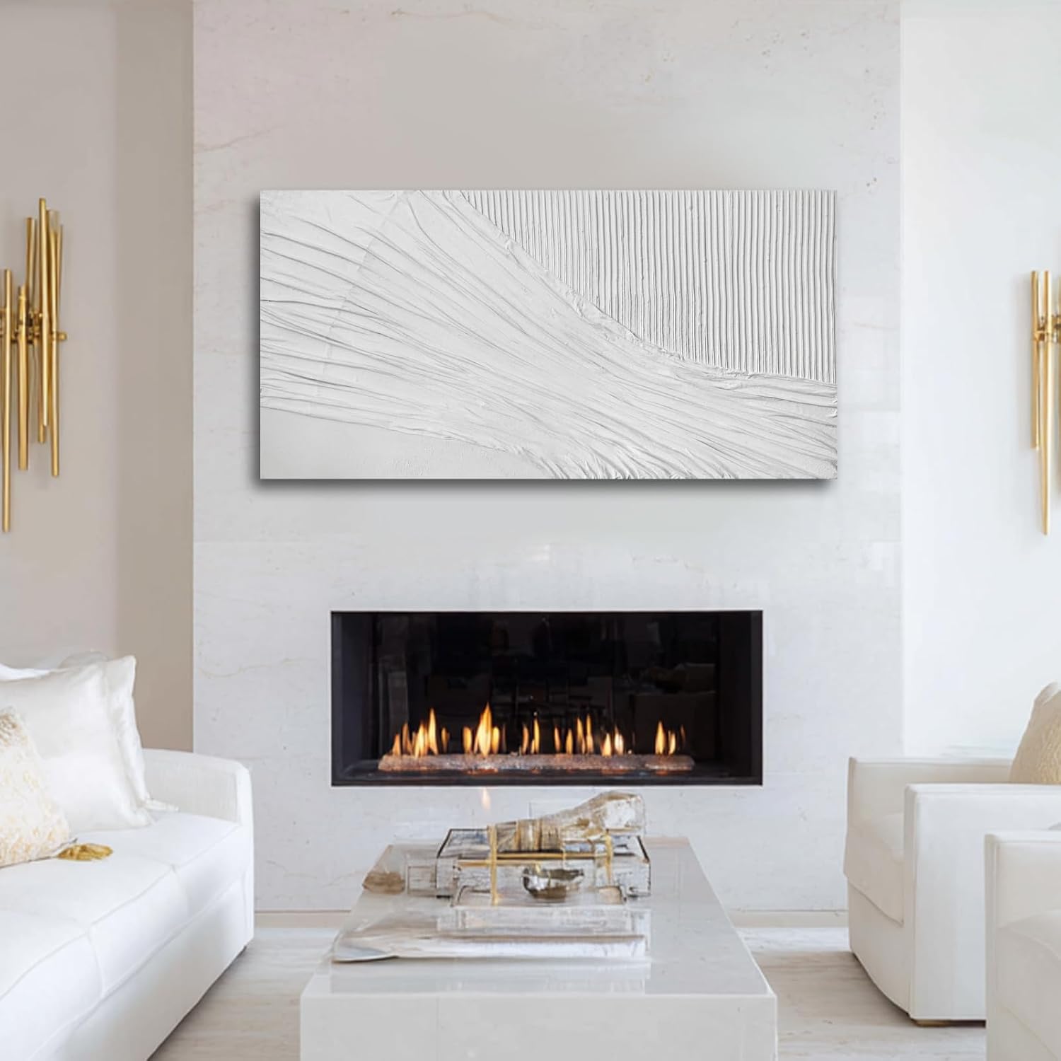 SHEYOYE White Textured Abstract Wall Art Canvas 24x48 Inch, Hand Painted Modern Wall Art, Minimalist Neutral Wall Decor, Canvas Wall Art for Living Room Bedroom, Gallery Wrapped Ready to Hang
