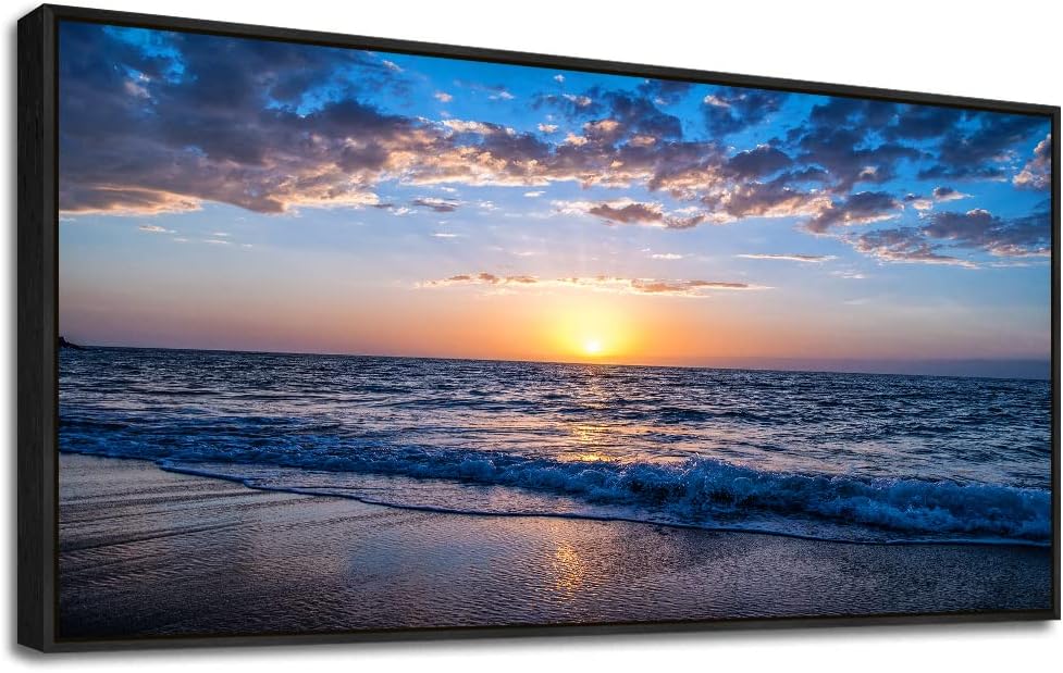 Blue Ocean Framed Wall Decor Living Room Large Size Canvas Wall Art For Bedroom Boho Home Decor Sea Beach Canvas Pictures Artwork Sunny Sea View Painting Office Wall Decorations Black Framed 30' X 60'