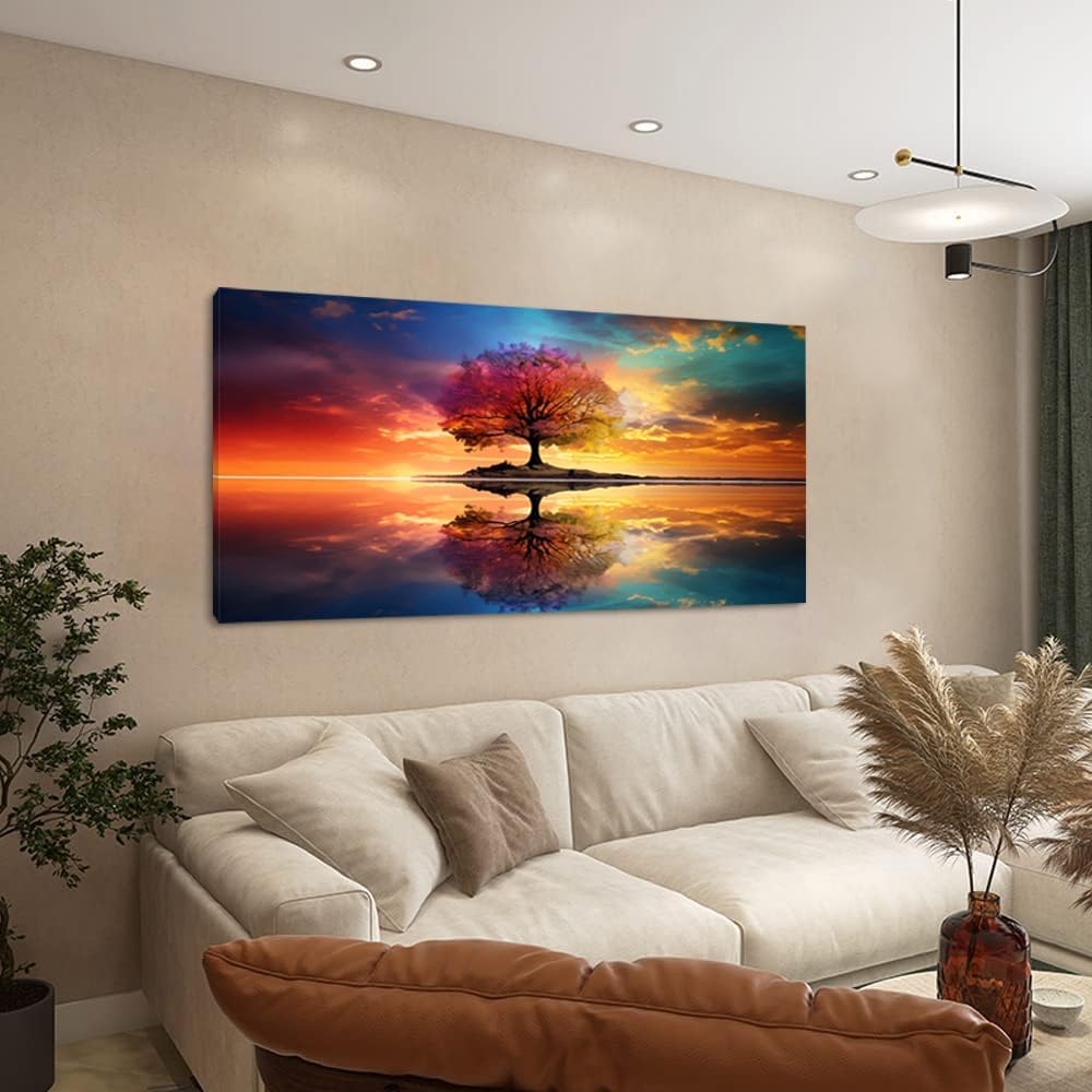 Lasdel Tree Alone Standing Middle Of Lake Landscape Canvas Wall Art for Living Room Bedroom Home, Beautiful Nature Scenery Painting Print Picture Decor Artwork, Wrapped Gift Inner Frame 328x58 Inches