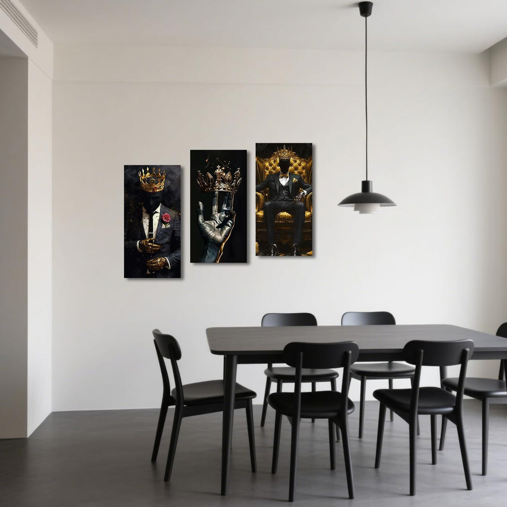 SWQYLB Black Man Canvas Wall Art 3 Pieces African American Pictures Afro King Poster Prints Gold Crown Painting for Men Bedroom Office Decor Framed (Black, 40x20inchx3 Pieces)