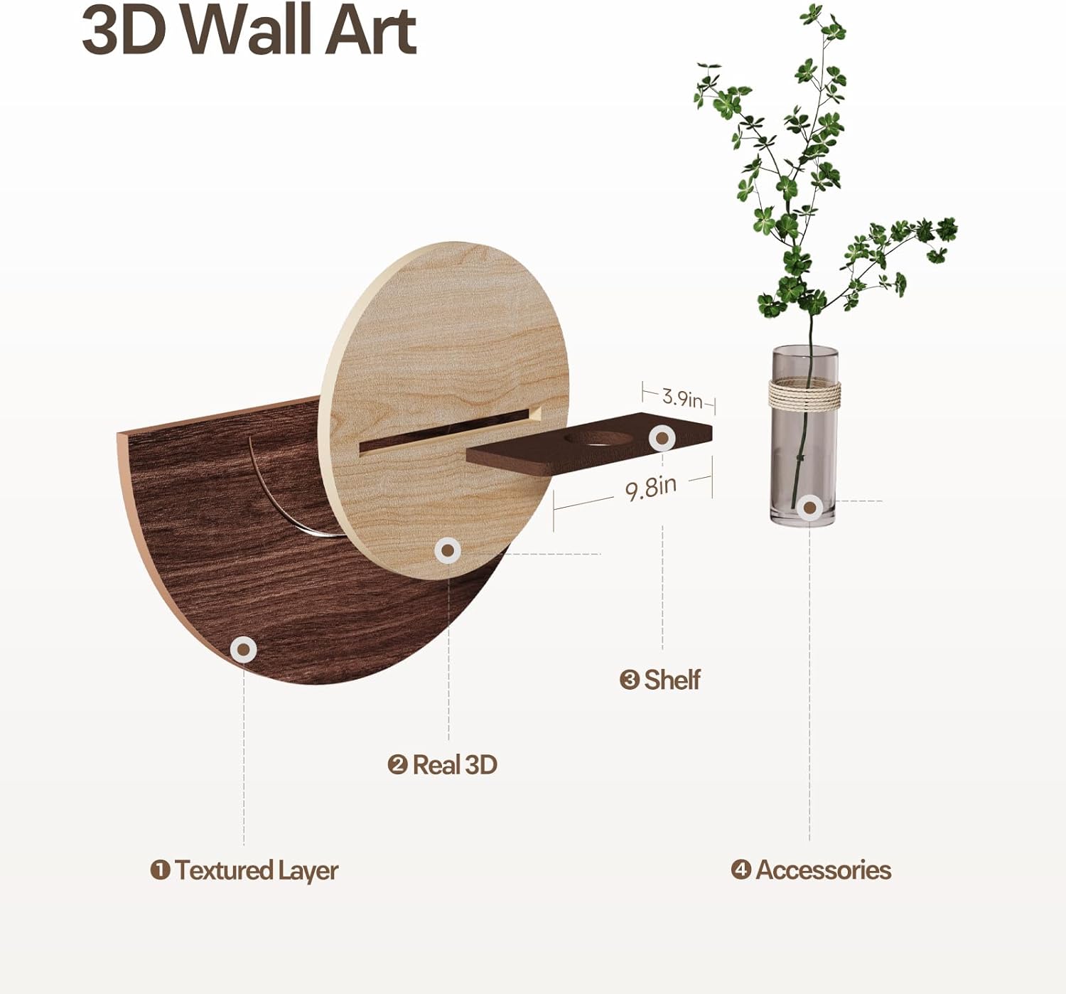 3D Textured Round Wall Art Decor With Vase, Modern Minimalist Sandstone Painting Artwork for Walls, Vintage Nature Wood Tone Botanical Wall Decor for Living Room, Hallway, Dining Room, Bedroom, Office