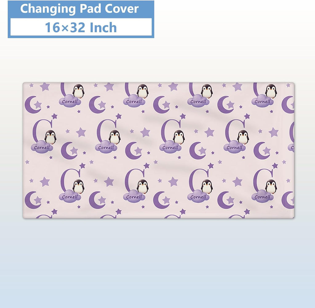 KAINSY Custom Crib Bedding Set, 5 Pcs Personalized Name Monogram Baby Crib Sets for Infants Toddlers, Purple Penguin Nursery Bedding Set for Boys Girls, Double Layer Baby Bedding Sets Customized Gifts