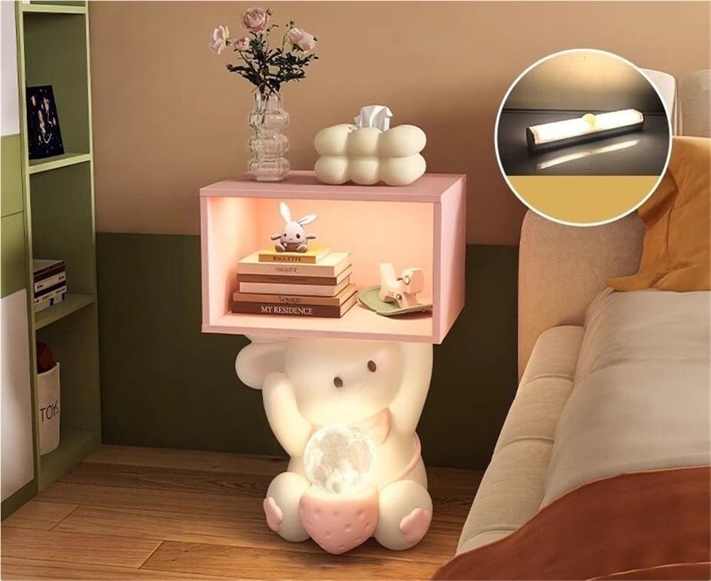 Decorative Bedside Table with Moon Lamp, Cute Nightstand with USB Charging, 3-Colour Adjustable Lighting, Small End Table with Open Storage Shelf(Pink)