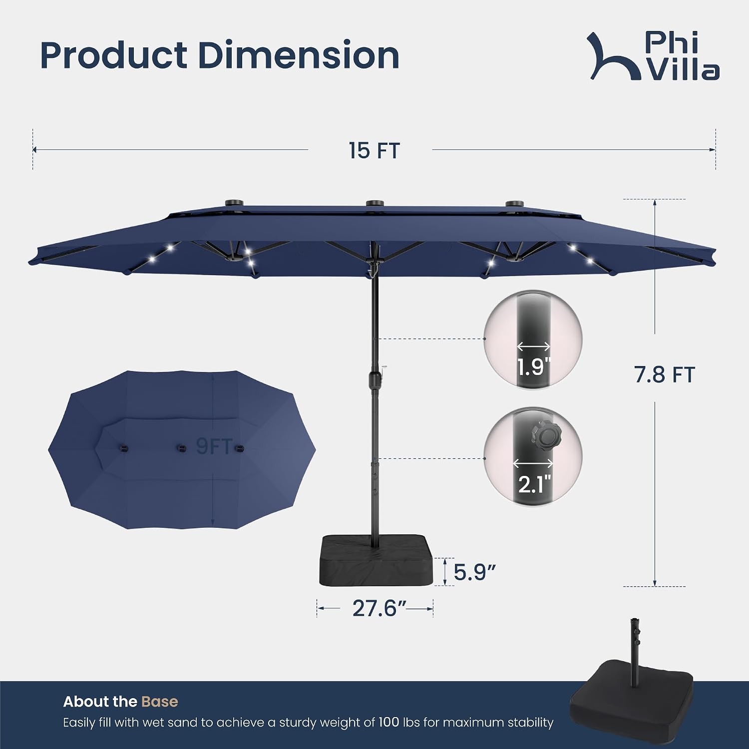 PHI VILLA 15ft 2-Tier Large Patio Umbrella with Solar Lights, Double-Sided Outdoor Market Rectangle Umbrellas with 36 LED Lights, Umbrella Base (Stand) Included, Blue