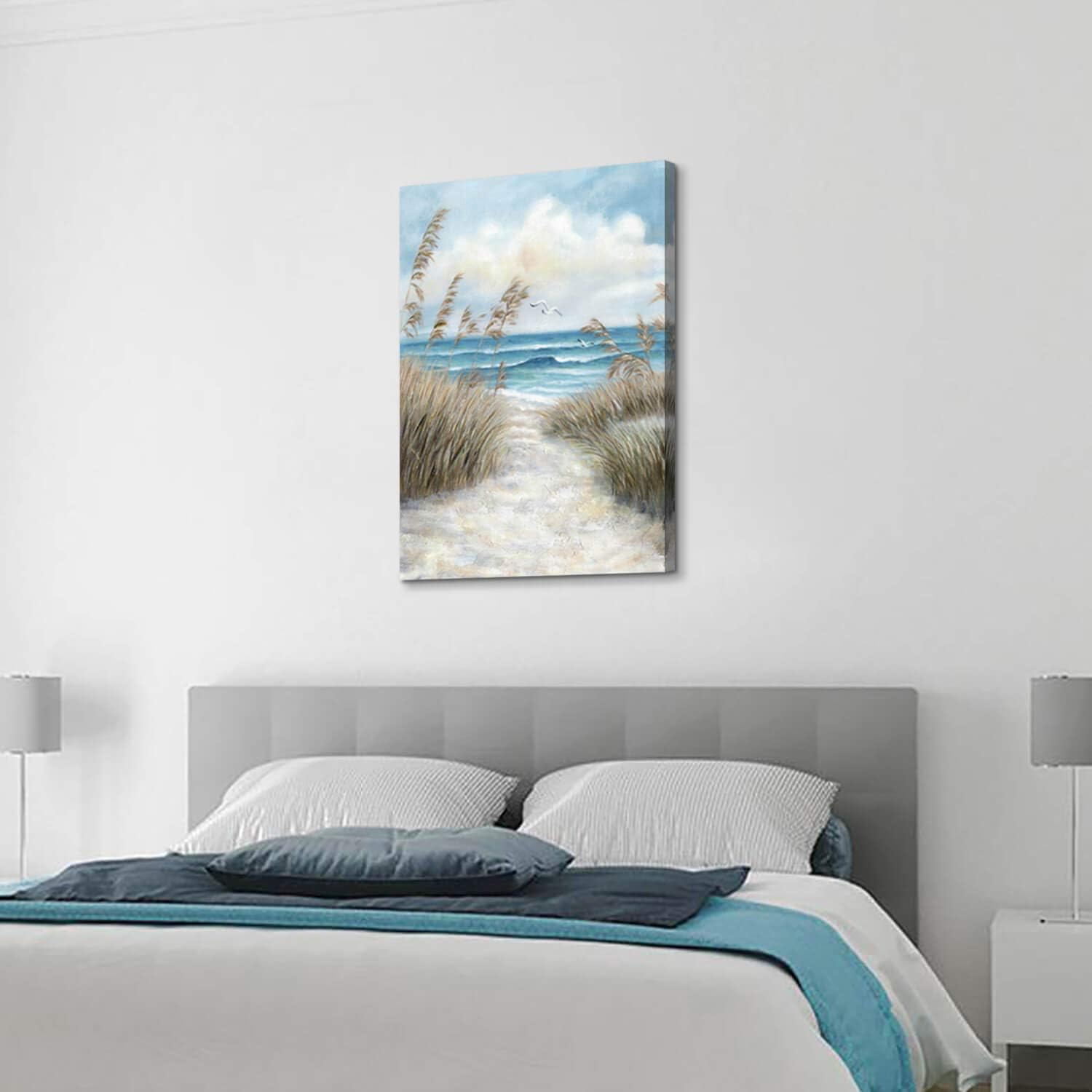 Abstract Beach Picture Wall Art: Sandy Path to Ocean with Sea Grass Artwork Painting for Bedroom (45'' x 30'' x 1 Panel)