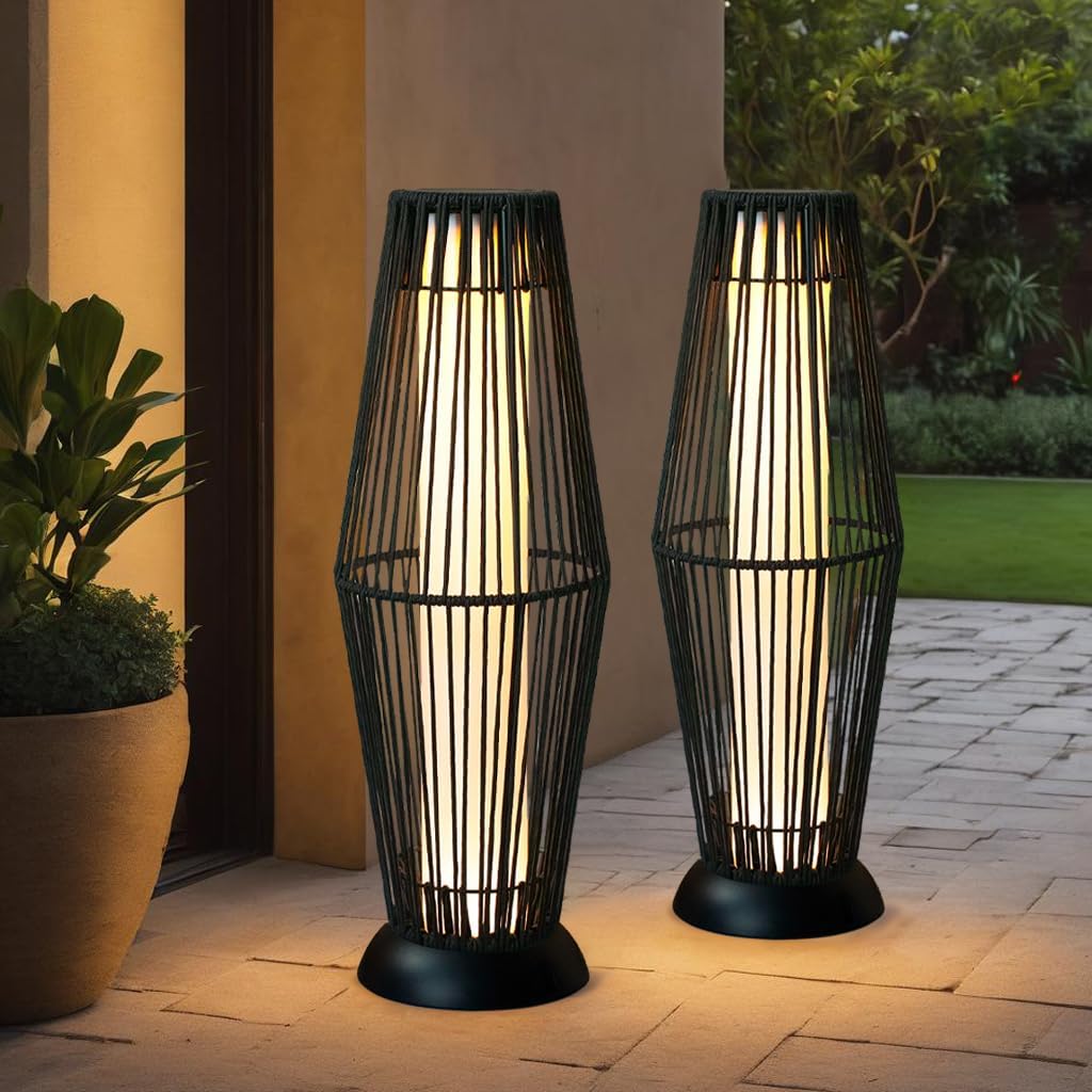 TRIROCKS Outdoor Floor Lamp 2 Piece Solar Powered Lantern Wicker Solar Patio Lamp with Olifen Rope Waterproof Rattan Outside Solar Deck Light for Patio Garden Lawn Yard (Black)