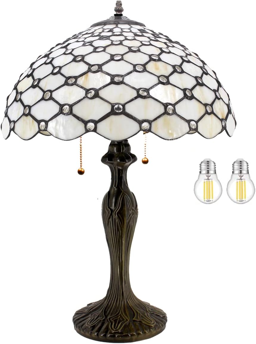 WERFACTORY Tiffany Table Lamp Stained Glass Bedside Lamp 16X16X24 Inches Cream Pearl Bead Desk Reading Light Metal Base Decor Bedroom Living Room Home Office S005 Series