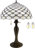 WERFACTORY Tiffany Table Lamp Stained Glass Bedside Lamp 16X16X24 Inches Cream Pearl Bead Desk Reading Light Metal Base Decor Bedroom Living Room Home Office S005 Series