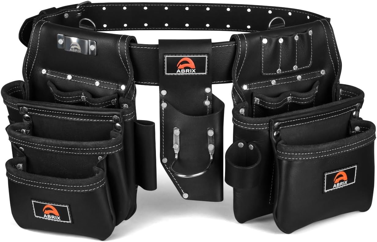 ABRIX Heavy Duty Tool Belt for Men – 4MM Thick Genuine Leather, Brass Buckle & Rivets | Foam Padded Comfort | 28-Pocket Carpenter & Framing Rig | Fits Waist 32 to 52 Inches | Professional Work Belt
