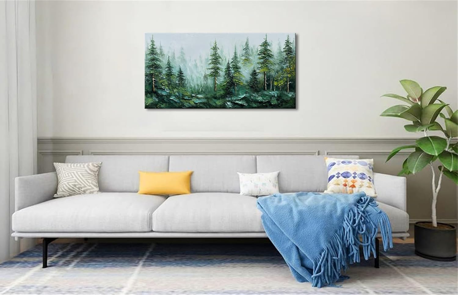 Alenoss Hand Painted Modern 3D Abstract Oil Painting 24x48 Inches Large Forest Landscape Textured Canvas Wall Art Green Artwork for Wall Decoration