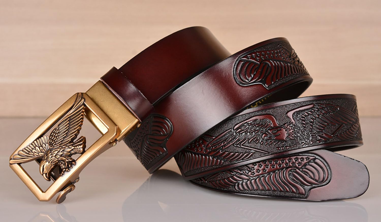 Mens Ratchet Leather Belt, Genuine Leather belts, Engraved Vintage Dragon Eagle Tiger Buckle, Business leisure belt