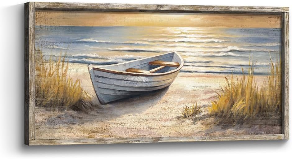 Beach Framed Wall Art Painting: Coastal Ocean Sunset Wooden Artwork Sea Boat Nautical Picture Seaside Seashore Seascape Print Decor for Bedroom Living Room Office
